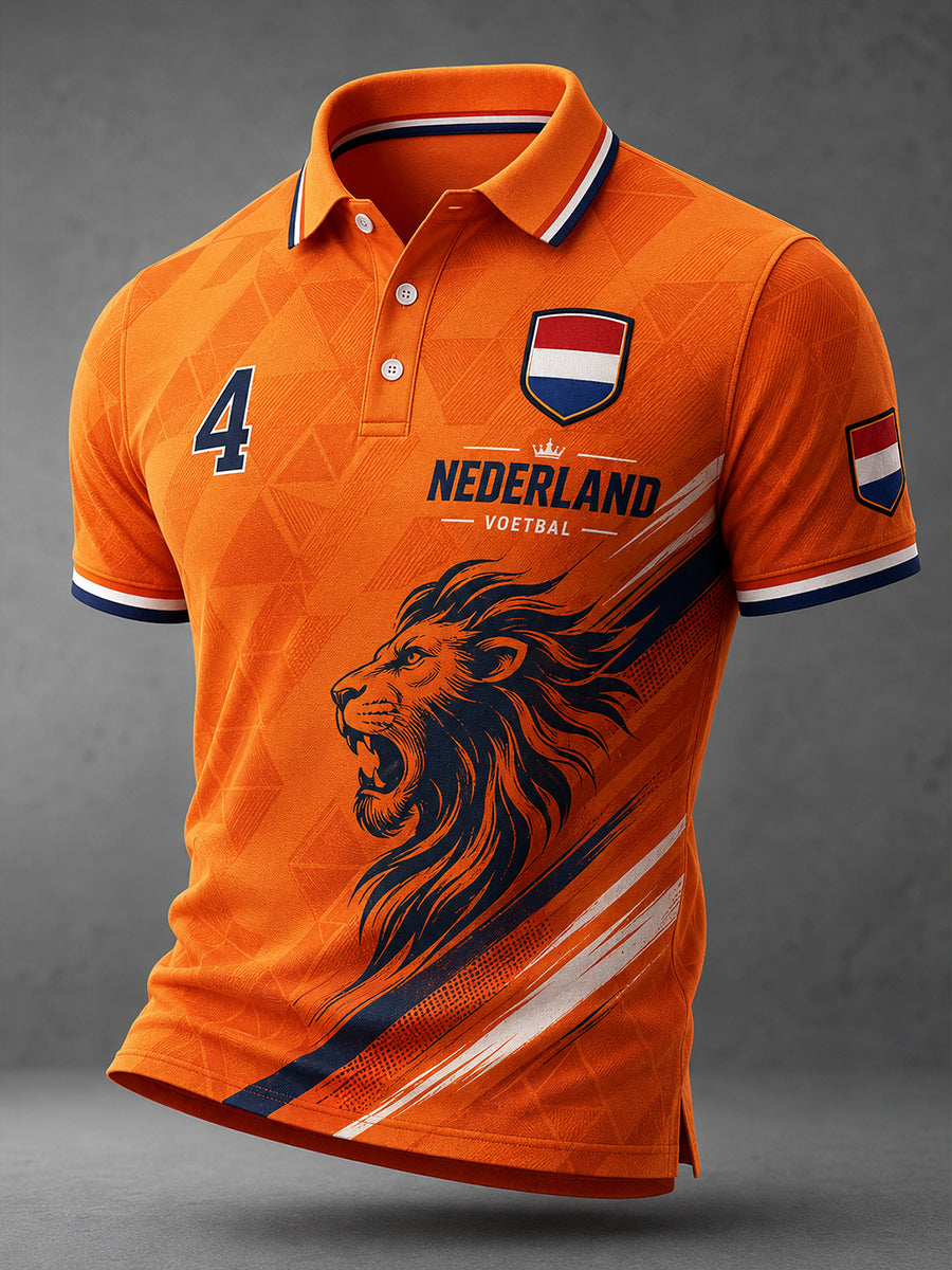 Herenpoloshirt met korte mouwen en print van een leeuw en voetbal