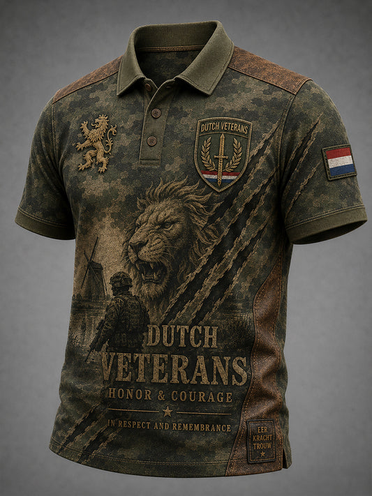 Herenpoloshirt in retrostijl voor veteranen met camouflageprint en korte mouwen
