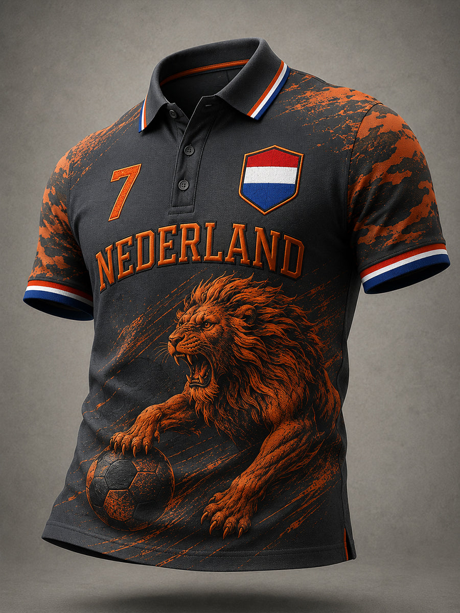 Herenpoloshirt met korte mouwen en print van een leeuw en voetbal