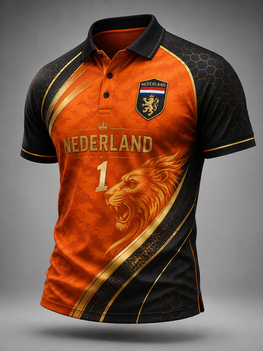 Herenpoloshirt met korte mouwen en print van een leeuw en voetbal