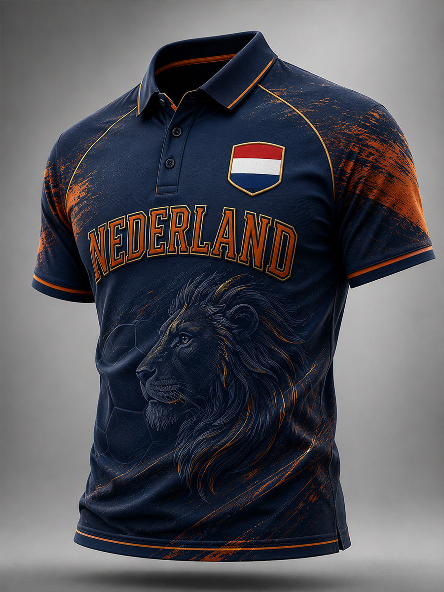Herenpoloshirt met korte mouwen en print van een leeuw en voetbal