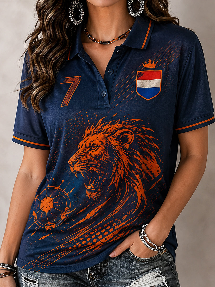 Damespoloshirt met korte mouwen en print van een leeuw en voetbal