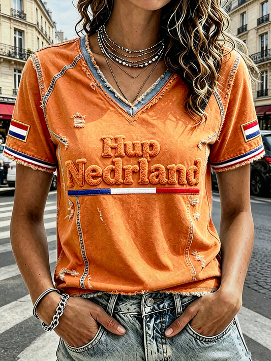 Oranje voetbalprint casual T-shirt met V-hals voor dames, Nederlandse vlag
