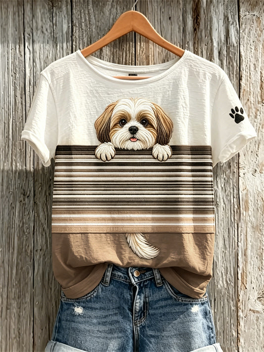 Dames Gluitende Shih Tzu Dog & Paw Print Colorblock Print T-shirt met korte mouwen