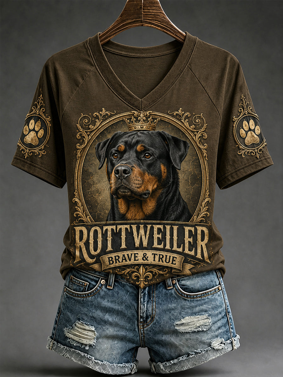 Casual V-hals T-shirt voor dames met retro hondenprint