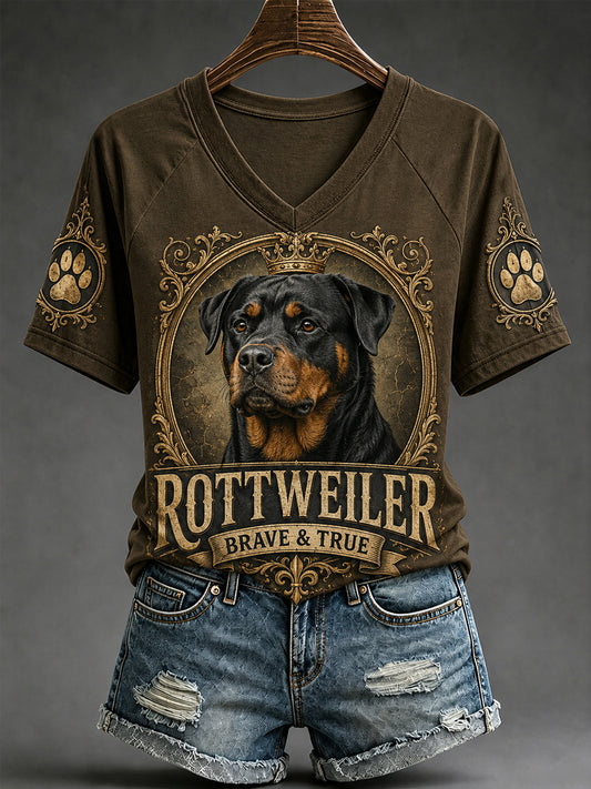 Casual V-hals T-shirt voor dames met retro hondenprint