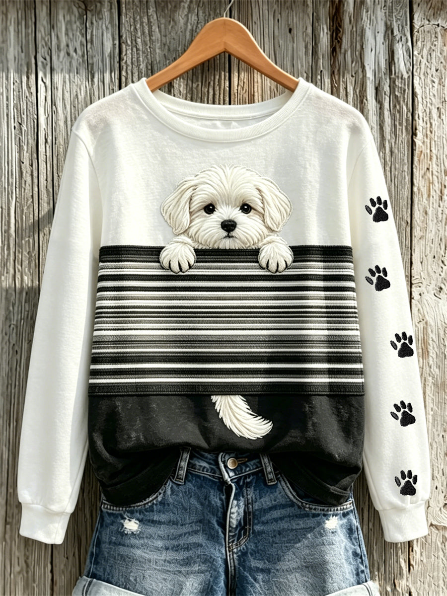 Kleurblokprint sweatshirt met maltese hond en pootprint voor dames