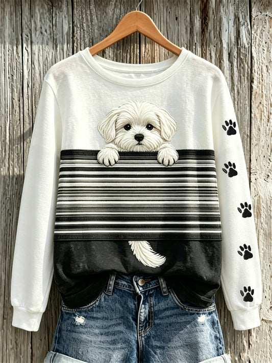 Kleurblokprint sweatshirt met maltese hond en pootprint voor dames