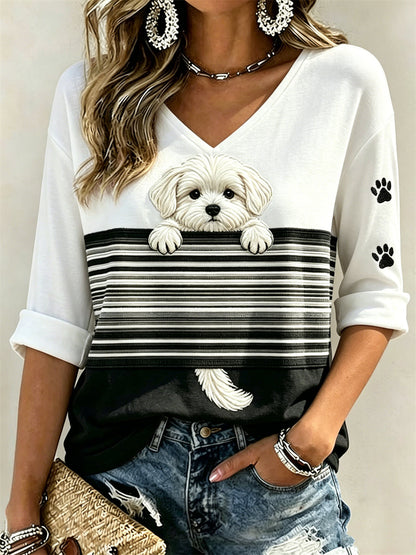 Vrouwen Gluitende Maltese Hond & Paw Prints Colorblock Print halflange mouwen V-hals T-shirt