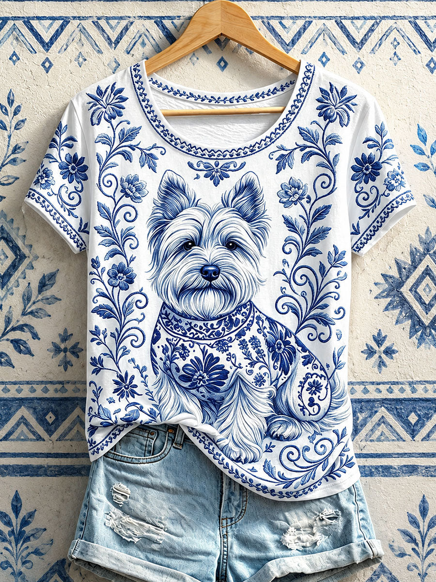 Vrouwen Bloemen Hond Print T-Shirts
