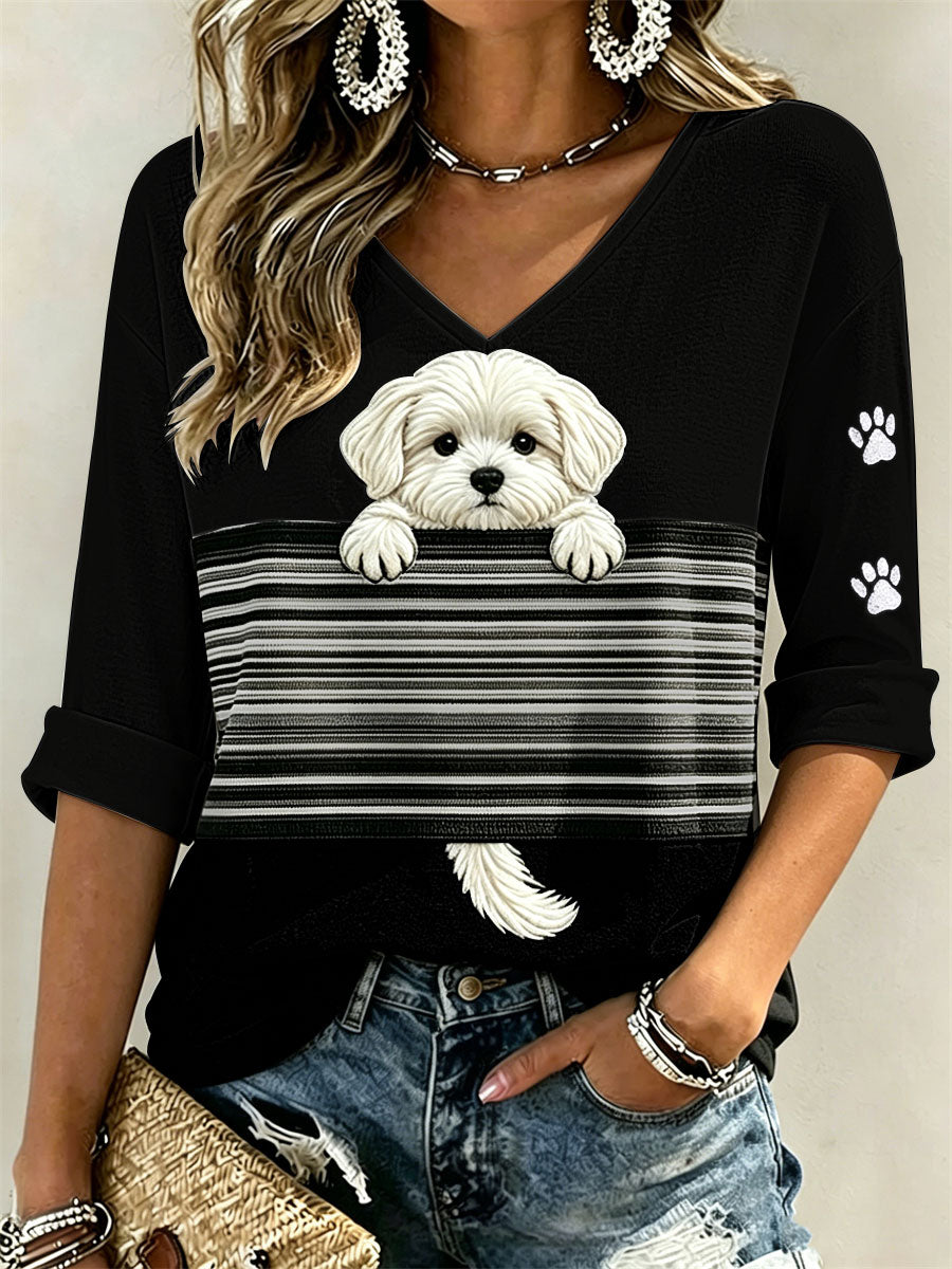 Vrouwen Gluitende Maltese Hond & Paw Prints Colorblock Print halflange mouwen V-hals T-shirt