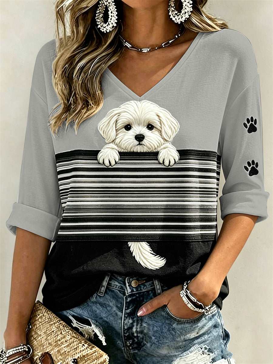 Vrouwen Gluitende Maltese Hond & Paw Prints Colorblock Print halflange mouwen V-hals T-shirt
