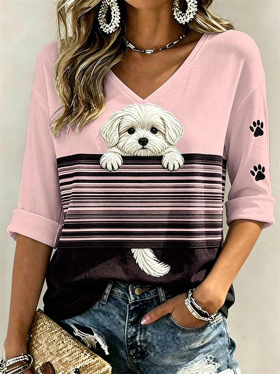 Vrouwen Gluitende Maltese Hond & Paw Prints Colorblock Print halflange mouwen V-hals T-shirt
