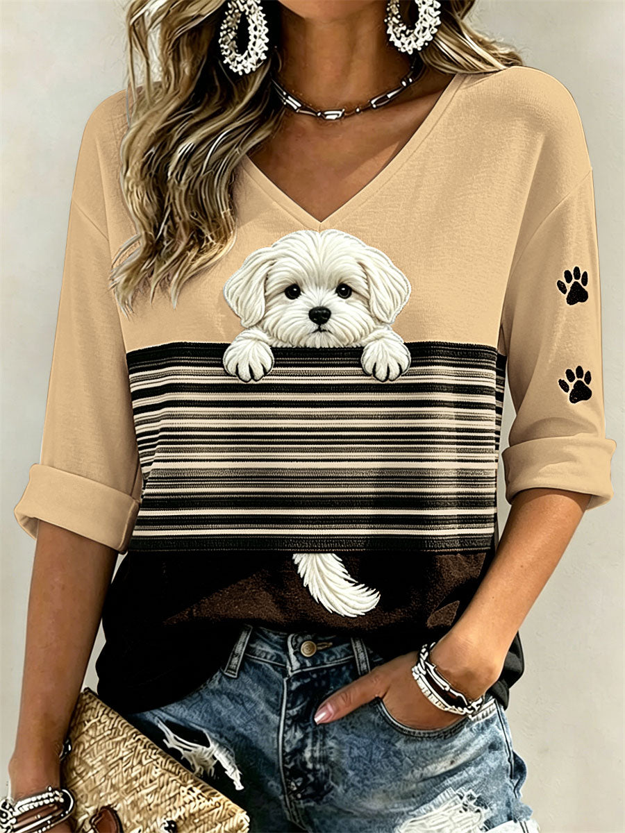 Vrouwen Gluitende Maltese Hond & Paw Prints Colorblock Print halflange mouwen V-hals T-shirt