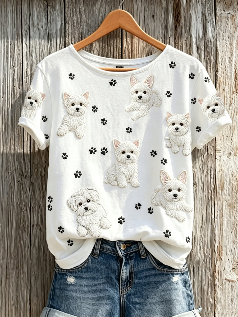Maltese honden en pootprint met patroonprint voor dames T-shirt met korte mouwen