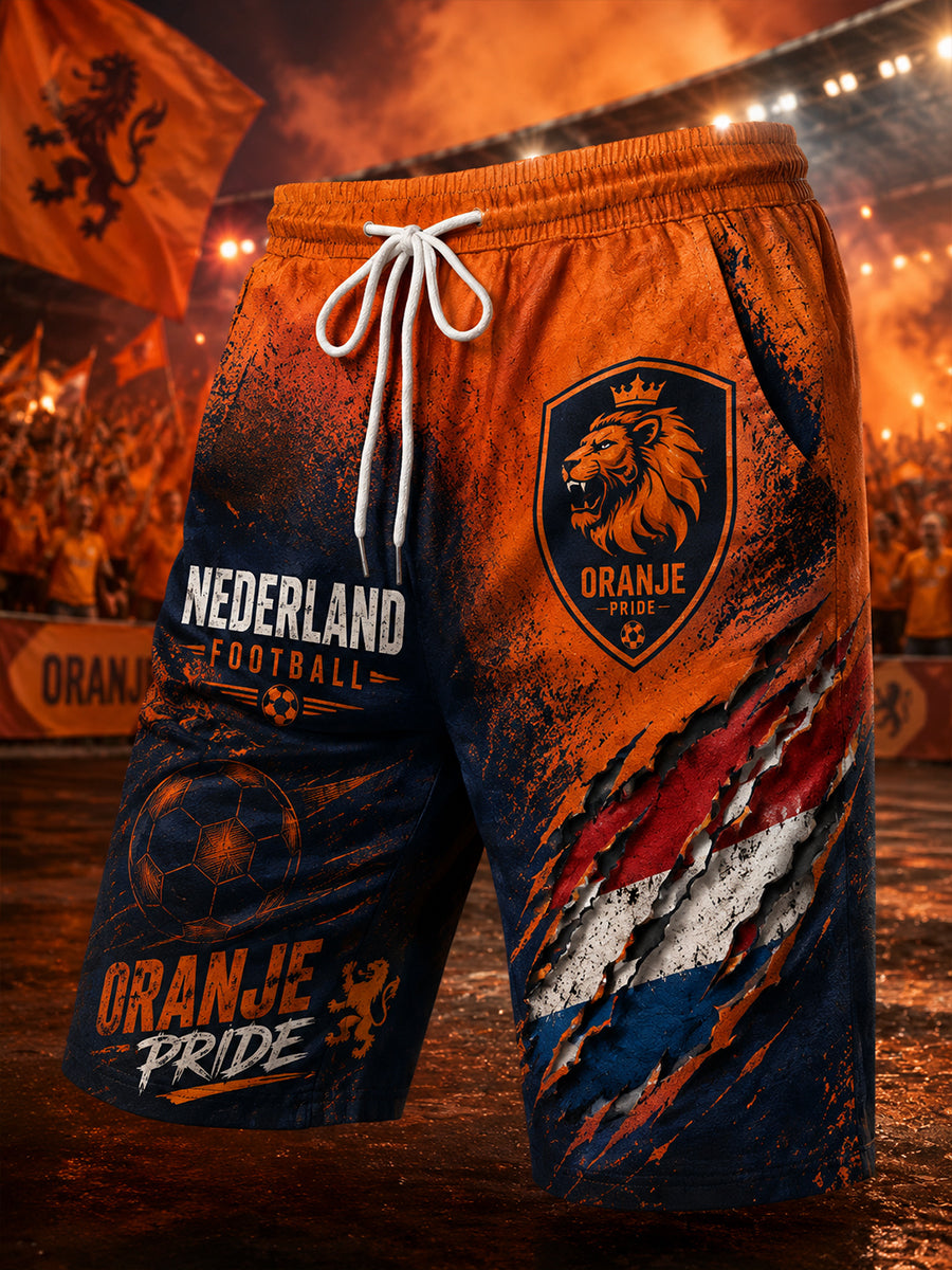 Herenkorte broek met leeuwenprint voor voetbal