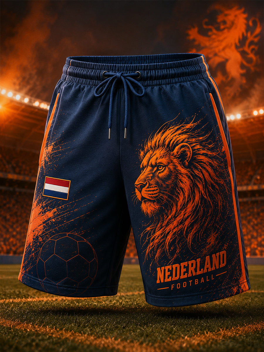 Herenkorte broek met leeuwenprint voor voetbal