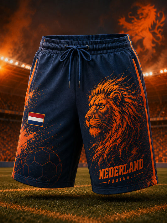 Herenkorte broek met leeuwenprint voor voetbal
