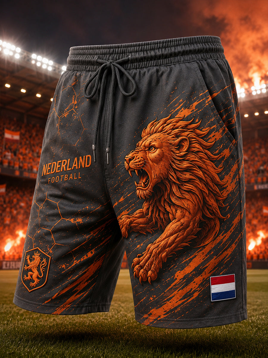 Herenkorte broek met leeuwenprint voor voetbal