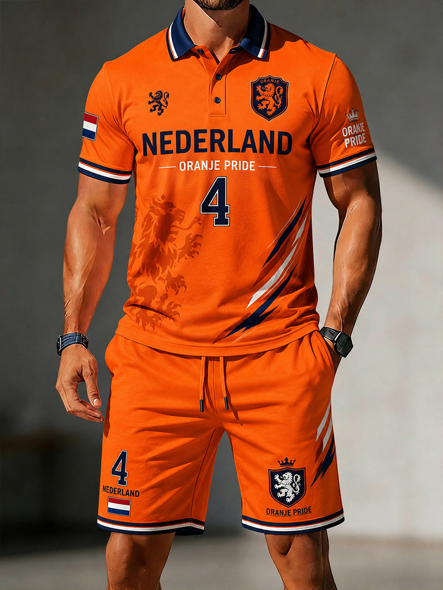Herenpoloshirt met leeuwenprint en korte mouwen, set