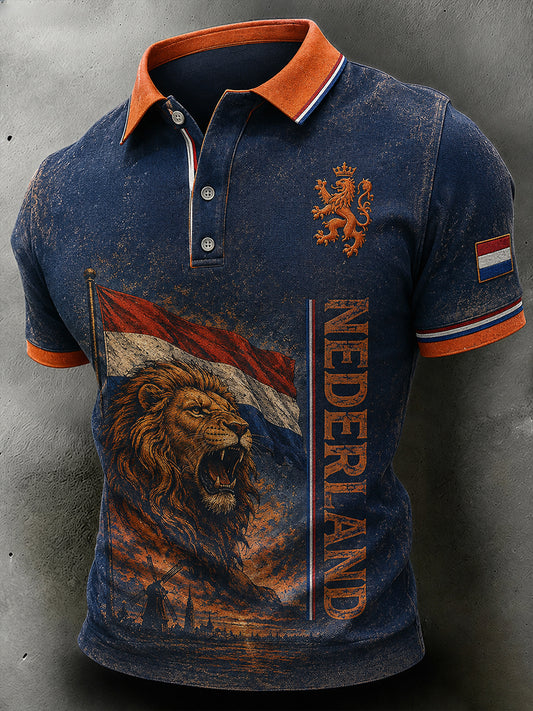 Herenpoloshirt met retro leeuwenprint en korte mouwen