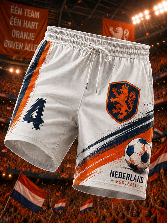 Sportkorte broek voor heren met leeuwenprint en voetbalmotief
