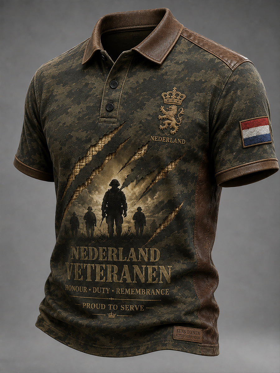 Herenpolo met korte mouwen in retrocamouflagestijl en militair motief