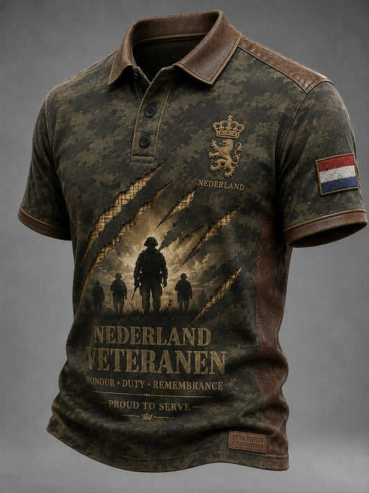 Herenpolo met korte mouwen in retrocamouflagestijl en militair motief