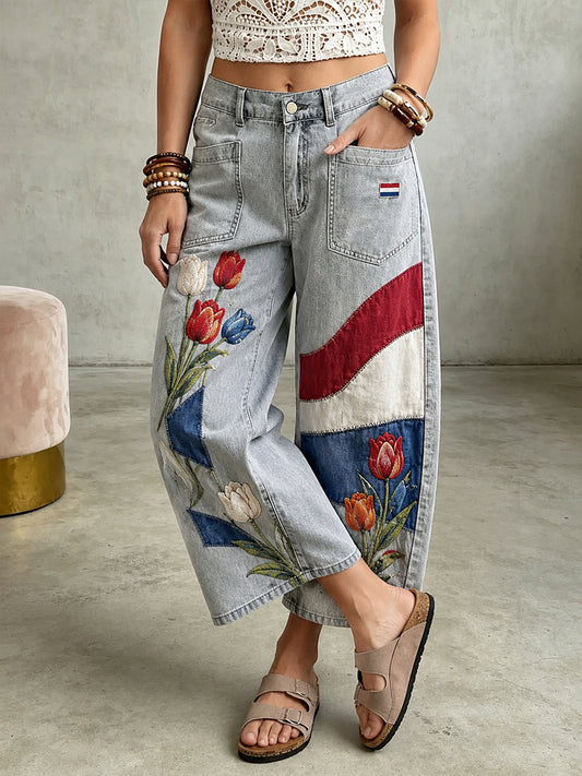 Damesjeans met lange pijpen en bloemenprint