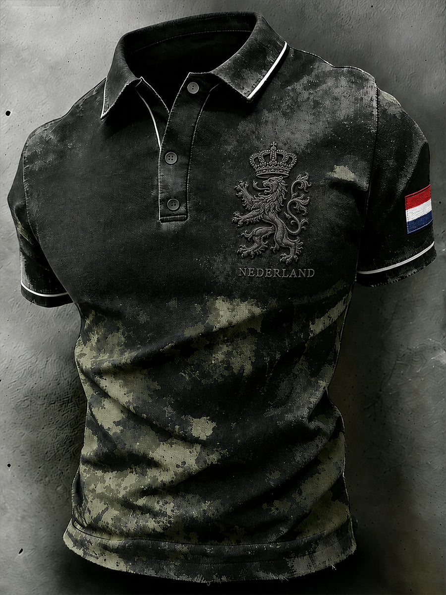 Herenpolo met korte mouwen in retrocamouflagestijl en militair motief