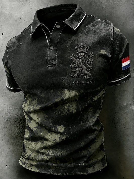 Herenpolo met korte mouwen in retrocamouflagestijl en militair motief