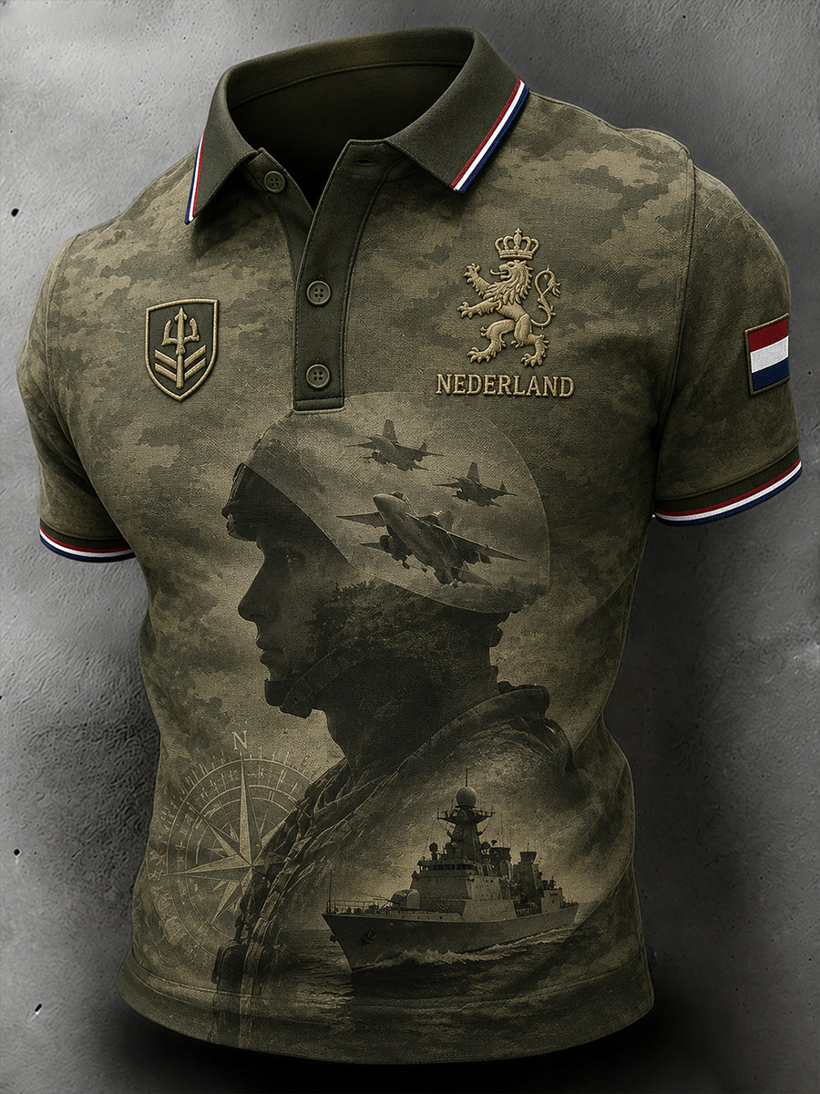 Herenpolo met korte mouwen in retrocamouflagestijl en militair motief