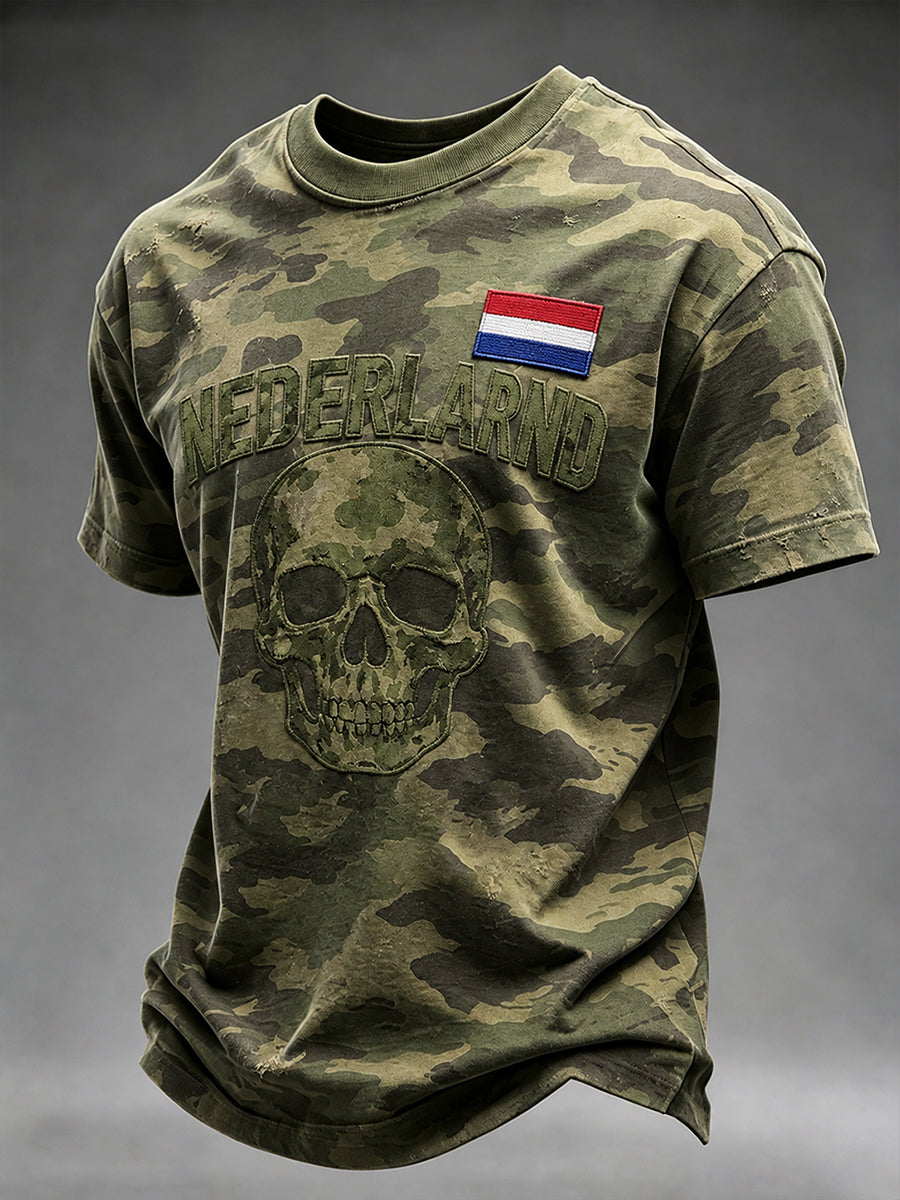 Heren T-shirt met korte mouwen in retrocamouflagestijl en militair motief