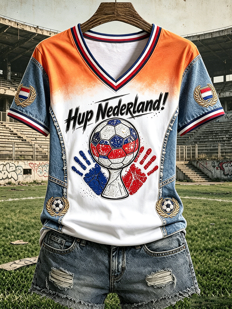 Oranje kleurverloop dames-T-shirt met voetbalprint in patchworkstijl en v-hals, casual
