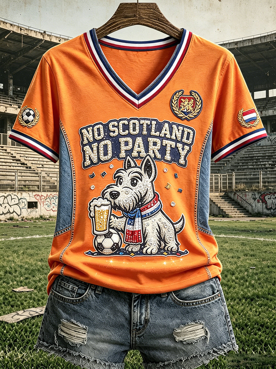Oranje, schattig voetbal-T-shirt voor dames met puppyprint en V-hals, casual stijl