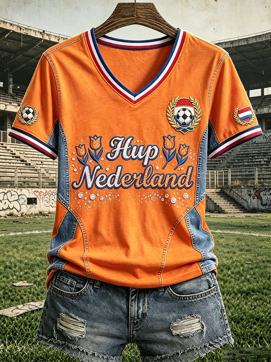 Oranje, door het Nederlandse voetbal geïnspireerd denim t-shirt voor dames met patchworkprint en v-hals, casual stijl