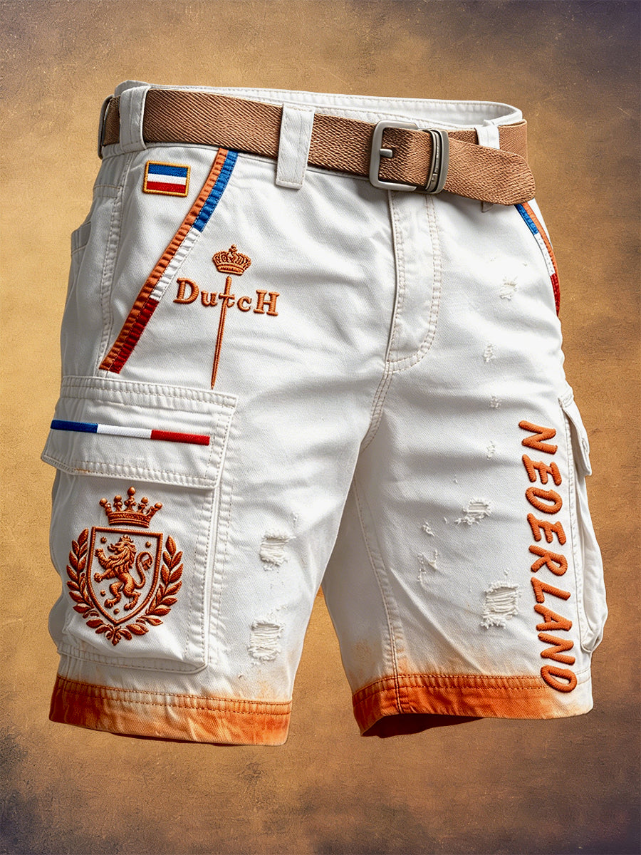 Herenkorte broek in wit, geïnspireerd op het Nederlandse voetbal, met versleten print en vrijetijdsstijl voor op het werk