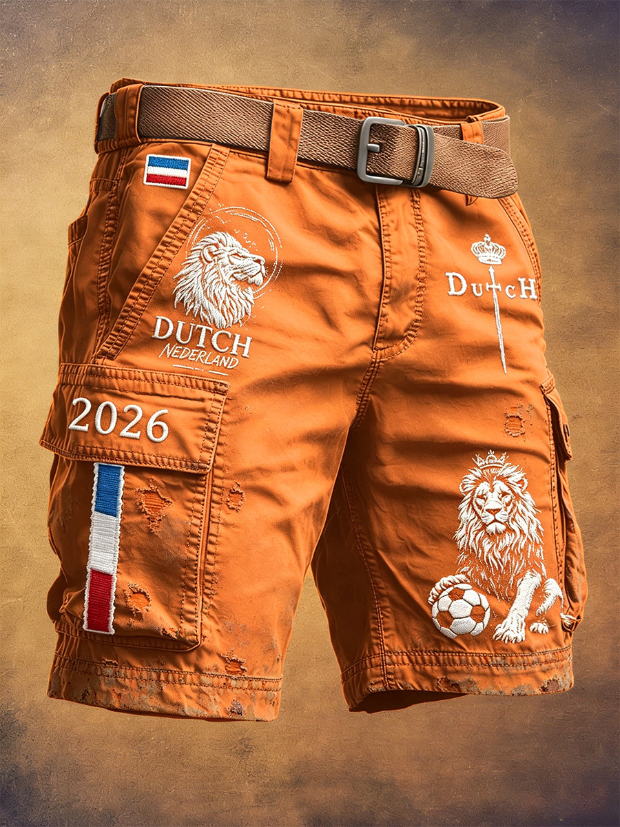 Herenshorts in retrostijl met oranje Nederlandse voetbalprint, geschikt voor dagelijks gebruik op het werk