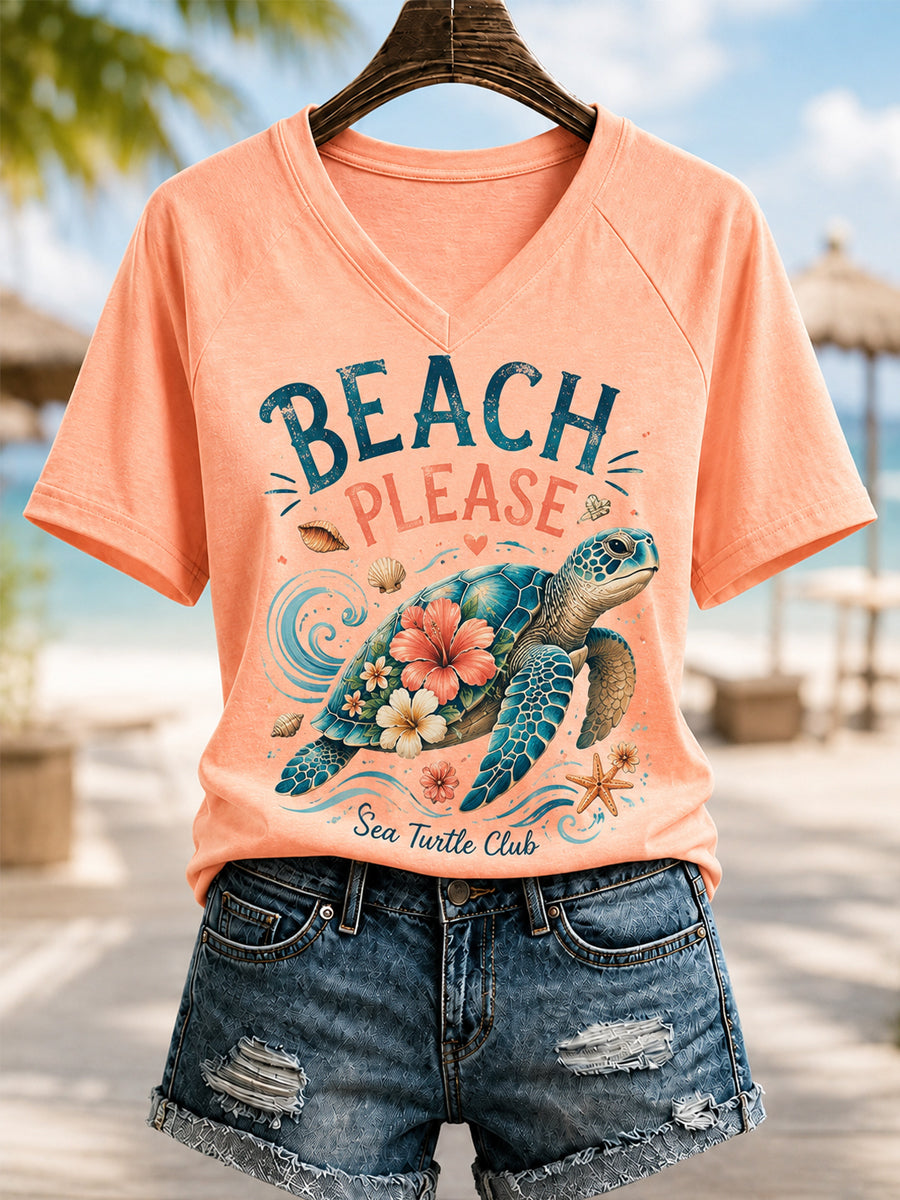 Dames T-shirt met zeeschildpadprint en V-hals voor dagelijks gebruik