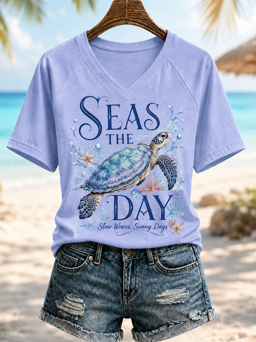 Dames T-shirt met zeeschildpadprint en V-hals voor dagelijks gebruik