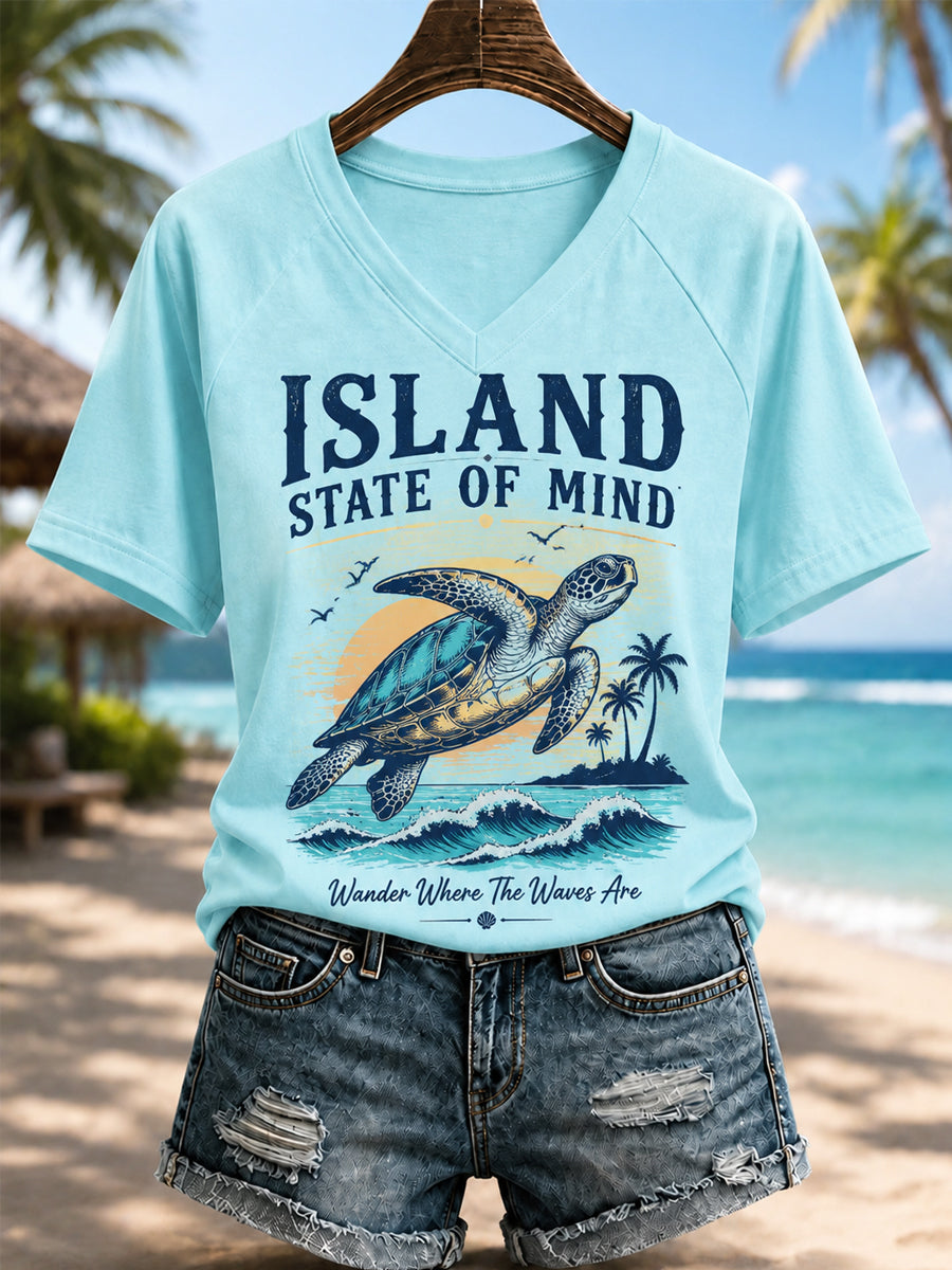 Dames T-shirt met zeeschildpadprint en V-hals voor dagelijks gebruik