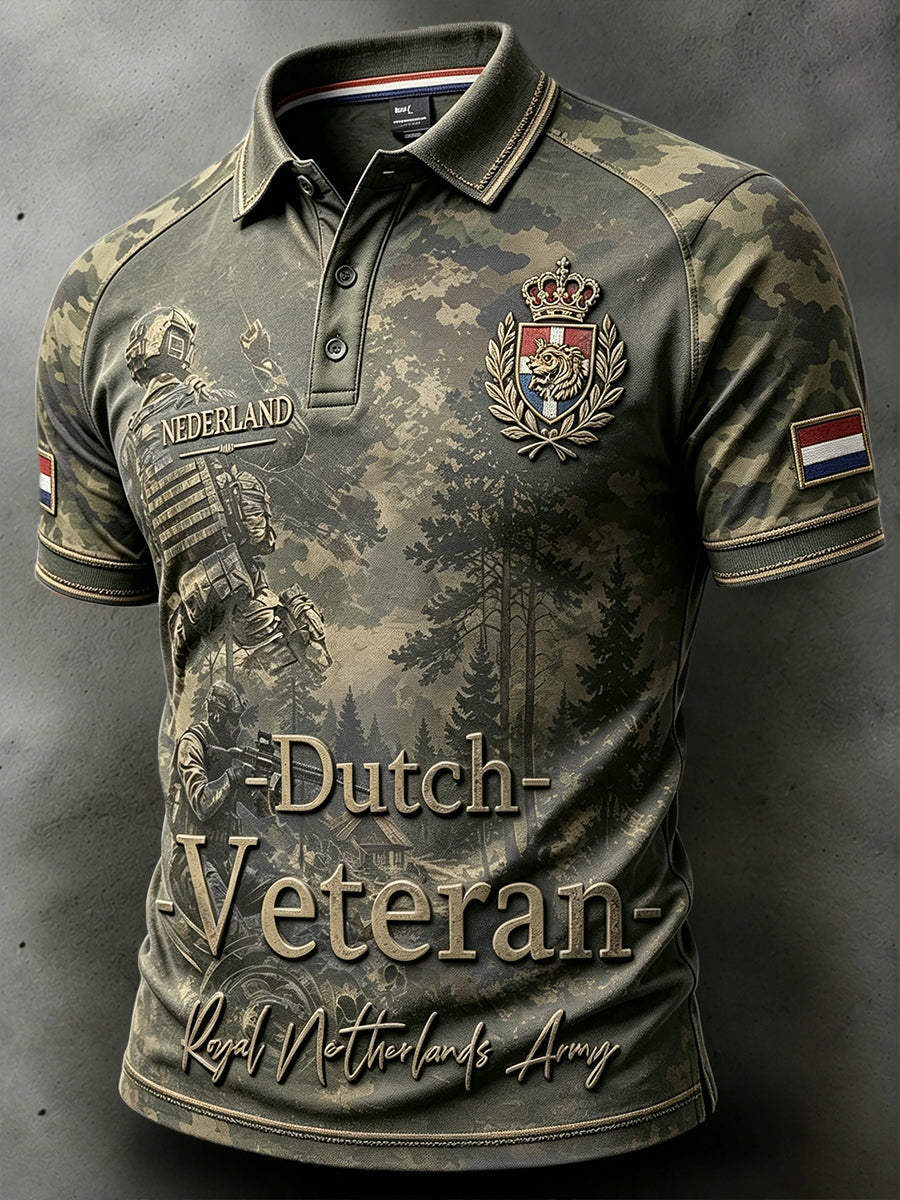 Herenpolo in retrocamouflagestijl, geïnspireerd op het Nederlandse leger, met casual pasvorm