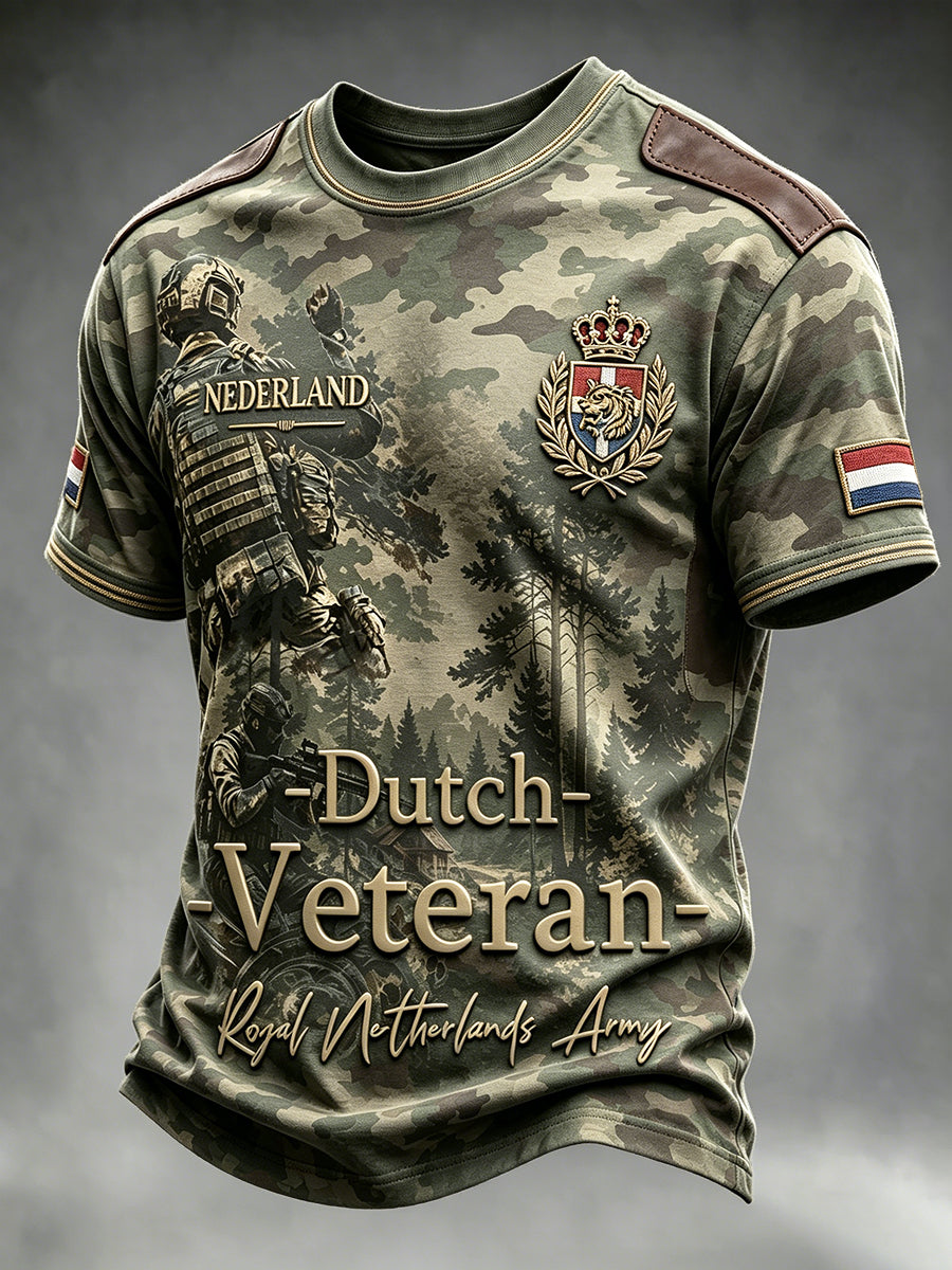 Heren-Dutch vintage militair camouflage t-shirt met patchworkprint, casual