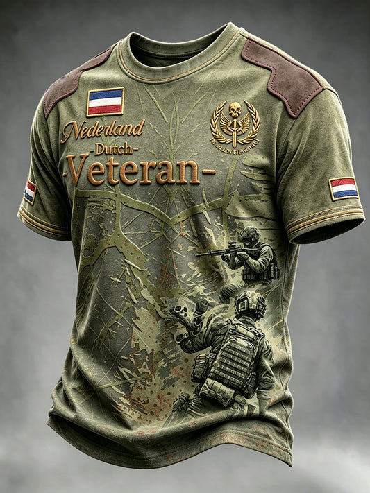 Herenshirt in vintagestijl, legergroen, met patchworkprint van Nederlandse veteranen, casual t-shirt