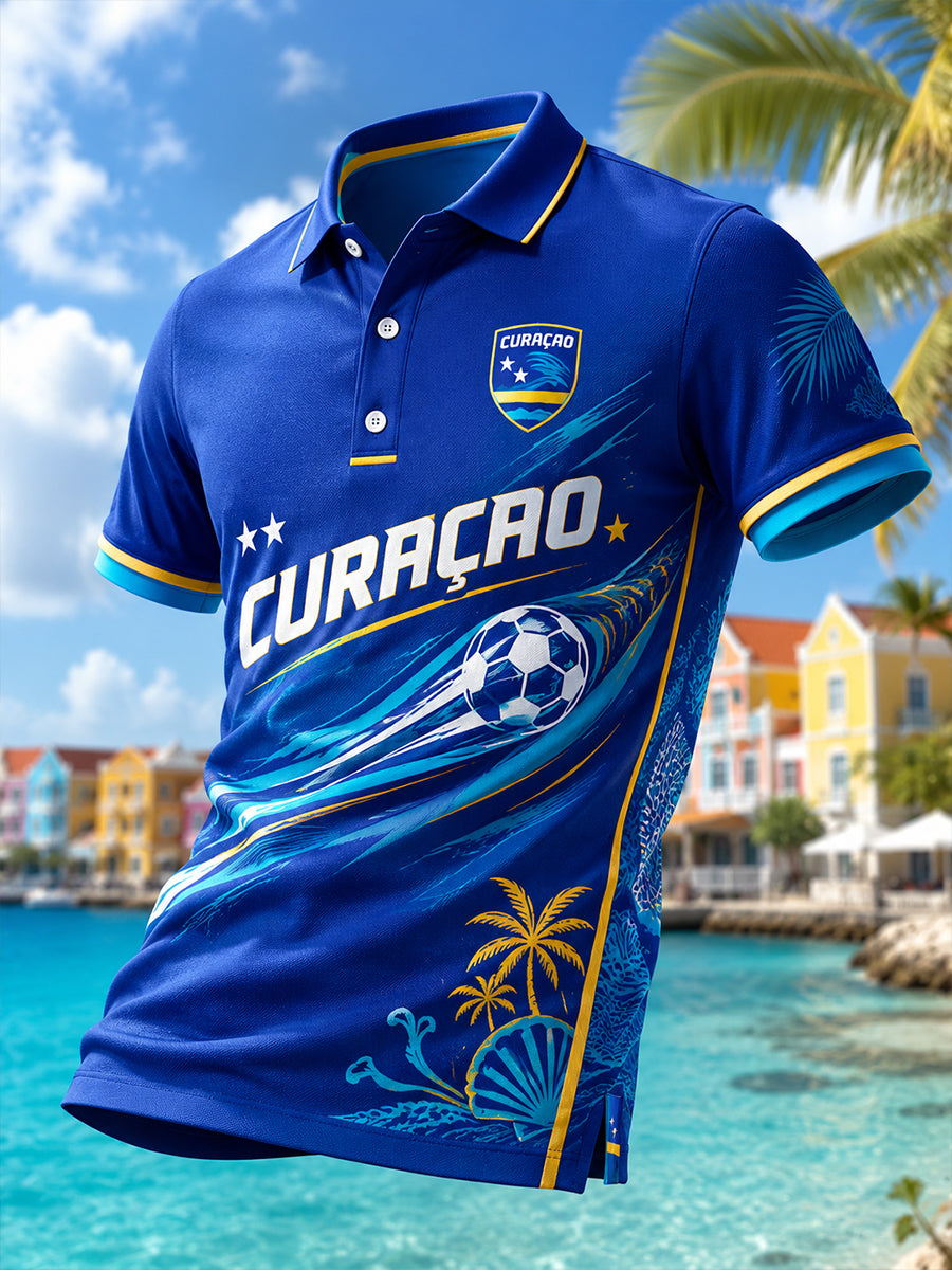 Poloshirt met korte mouwen voor heren en print met voetbalthema in eilandstijl