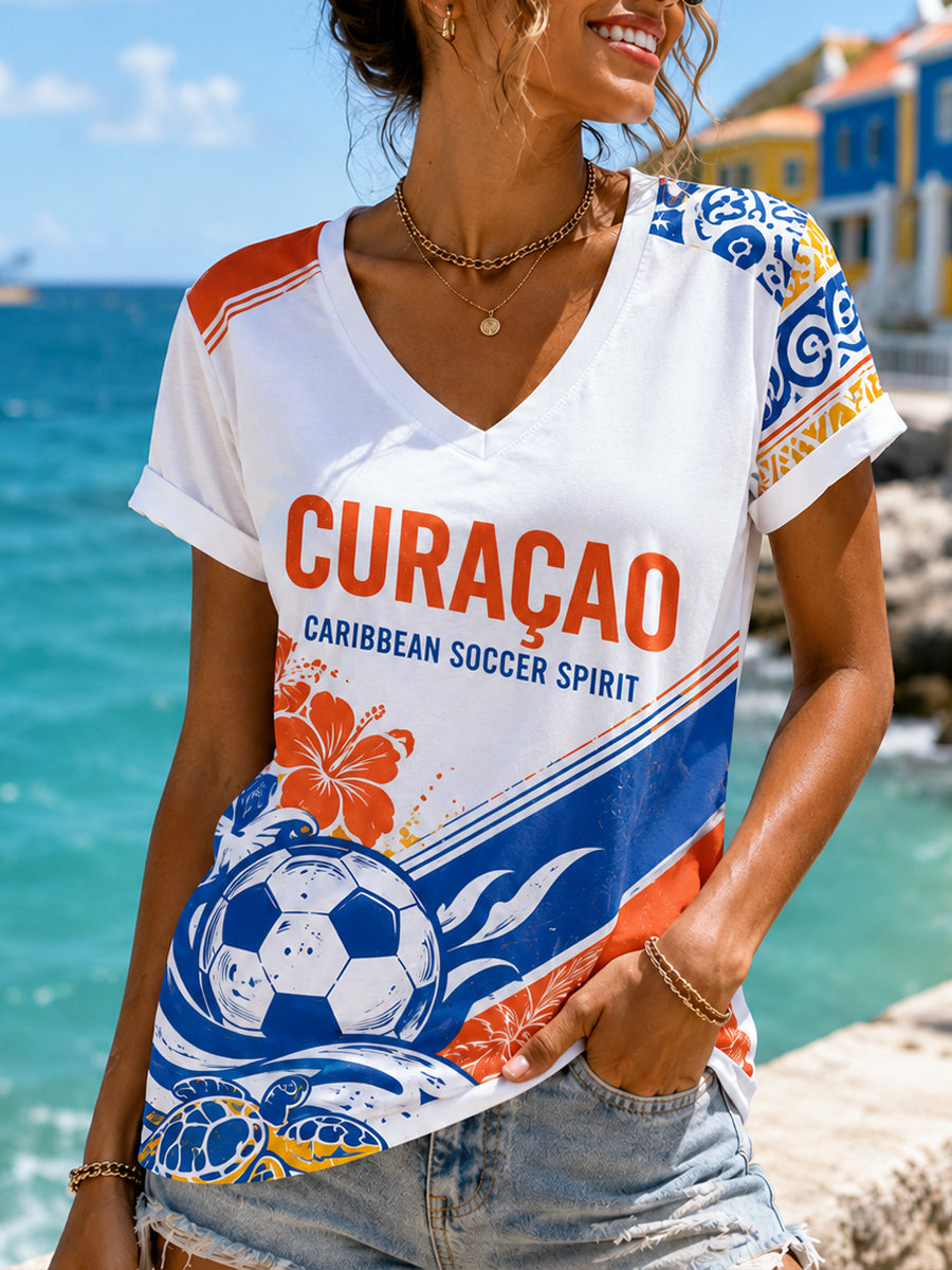 Dames T-shirt met korte mouwen en voetbalprint met eilandthema