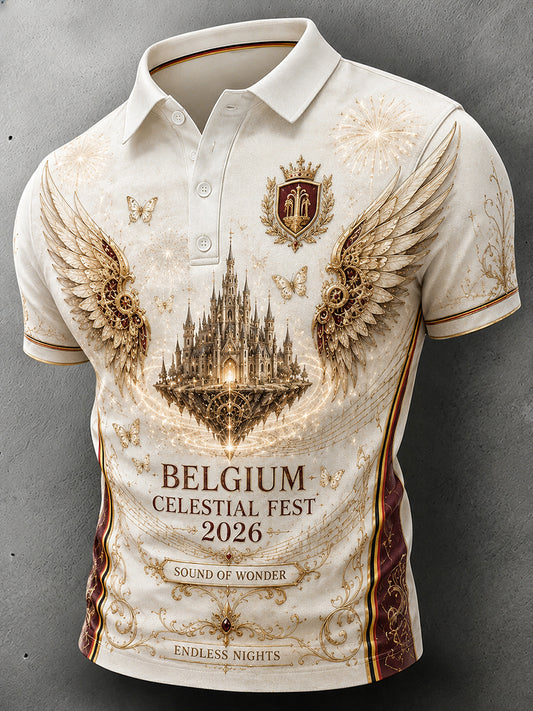 Mannenmuziekfestivalprint poloshirt met korte mouwen