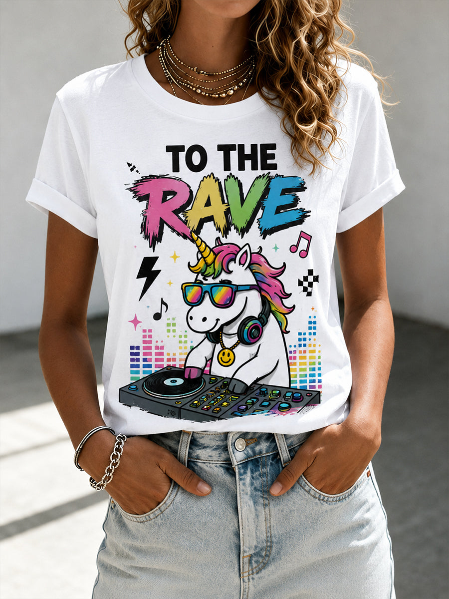 Dames T-shirt met korte mouwen en elektronische muziek pony grafische print