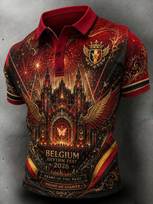 Mannenmuziekfestivalprint poloshirt met korte mouwen