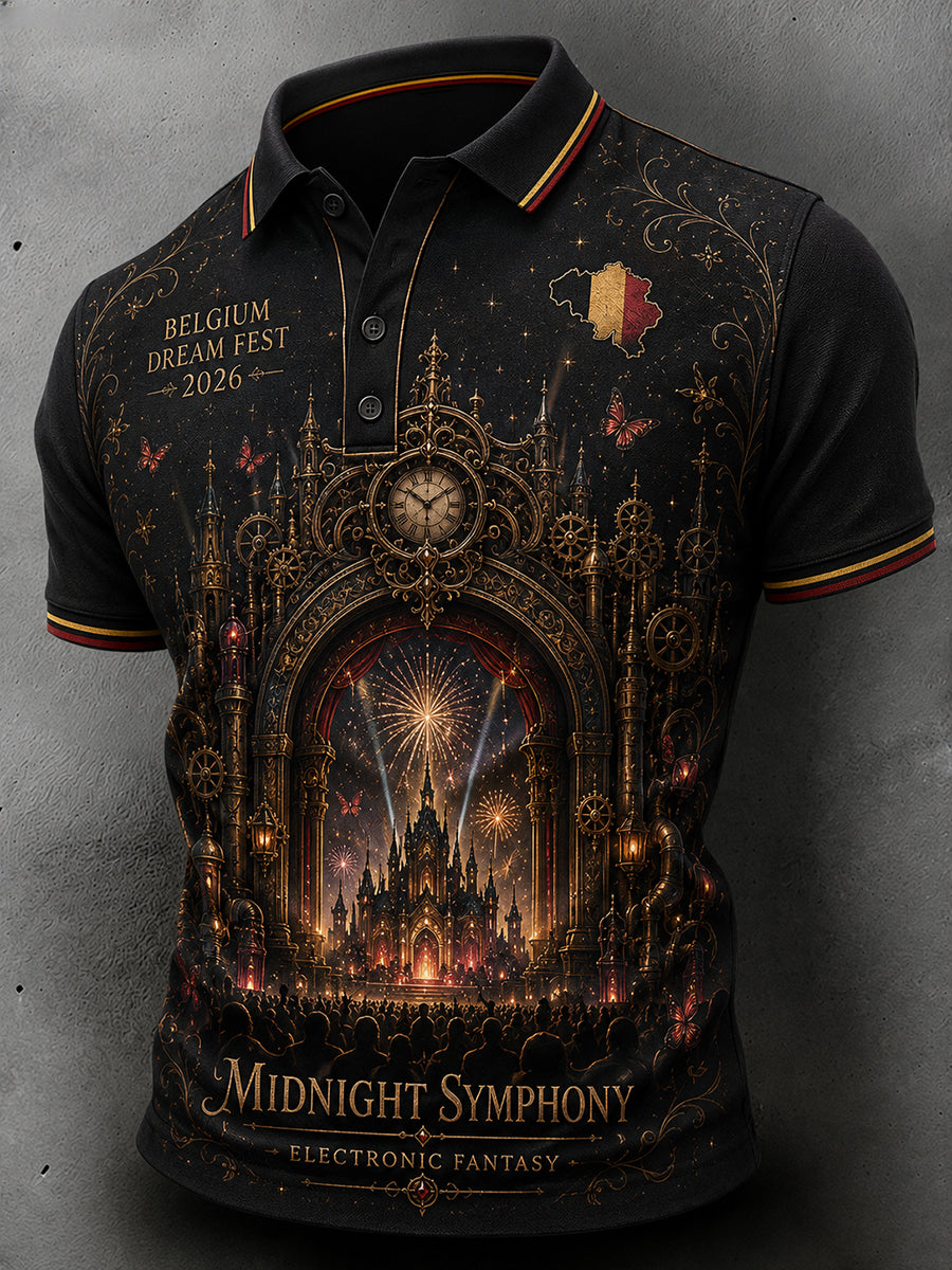 Mannenmuziekfestivalprint poloshirt met korte mouwen